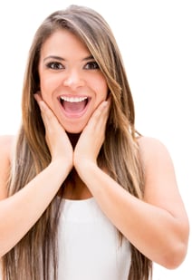 Surprised woman looking happy - isolated over white background